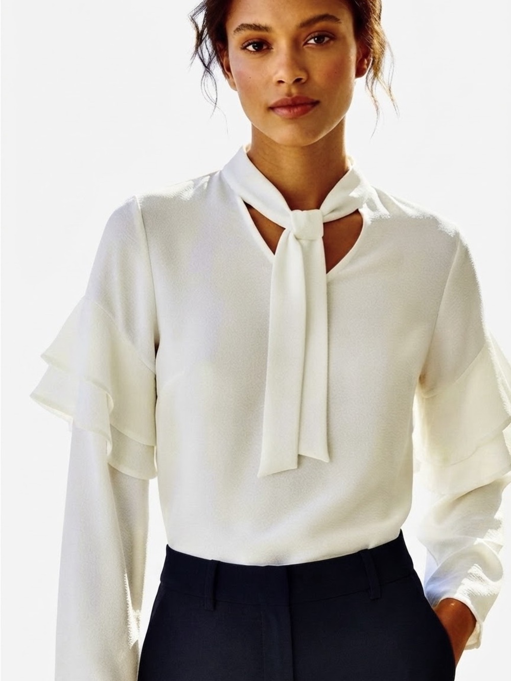 SUNDAY IN BROOKLYN Elegant White Ruffle Sleeve Blouse